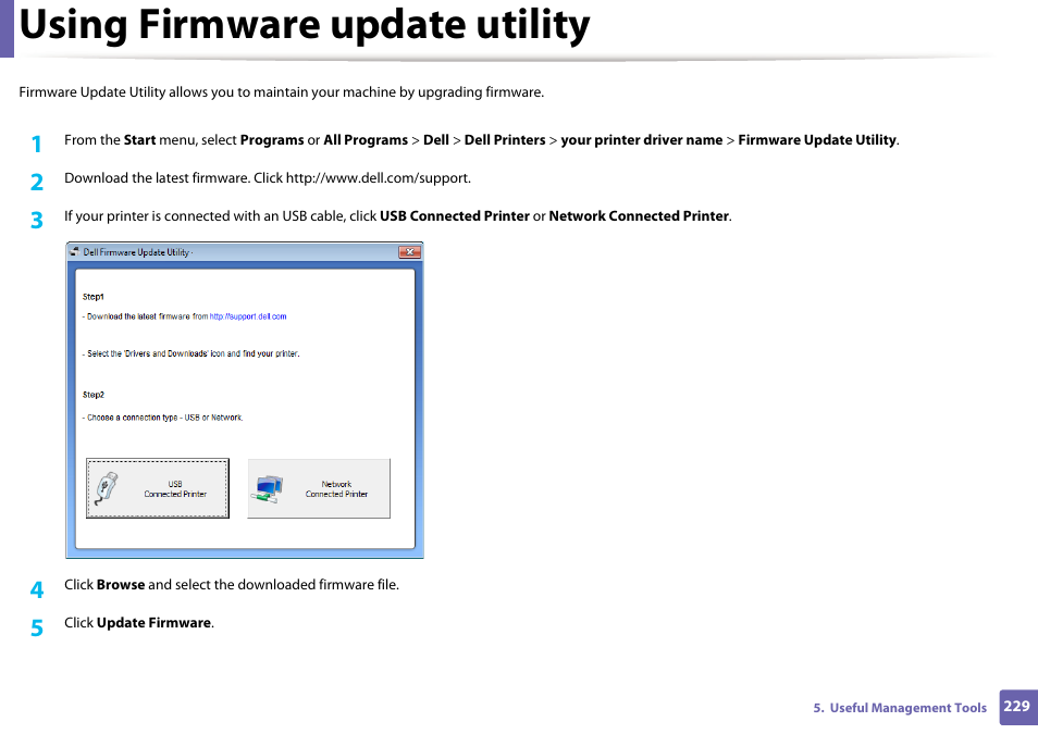 Using firmware update utility | Dell B1265dfw  Multifunction Mono Laser Printer User Manual | Page 229 / 284