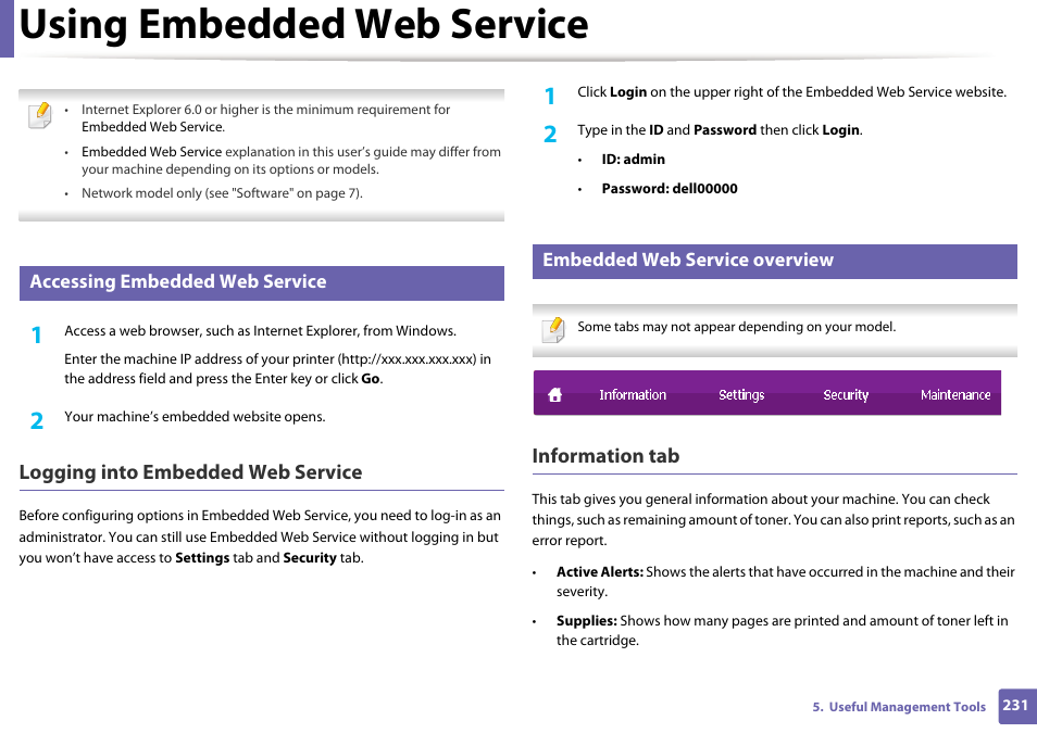 Using embedded web service, Logging into embedded web service, Information tab | Accessing embedded web service, Embedded web service overview | Dell B1265dfw  Multifunction Mono Laser Printer User Manual | Page 231 / 284