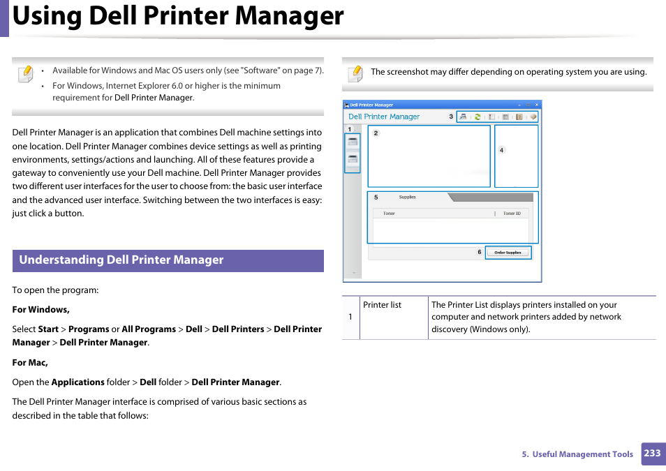 Using dell printer manager, Understanding dell printer manager | Dell B1265dfw  Multifunction Mono Laser Printer User Manual | Page 233 / 284