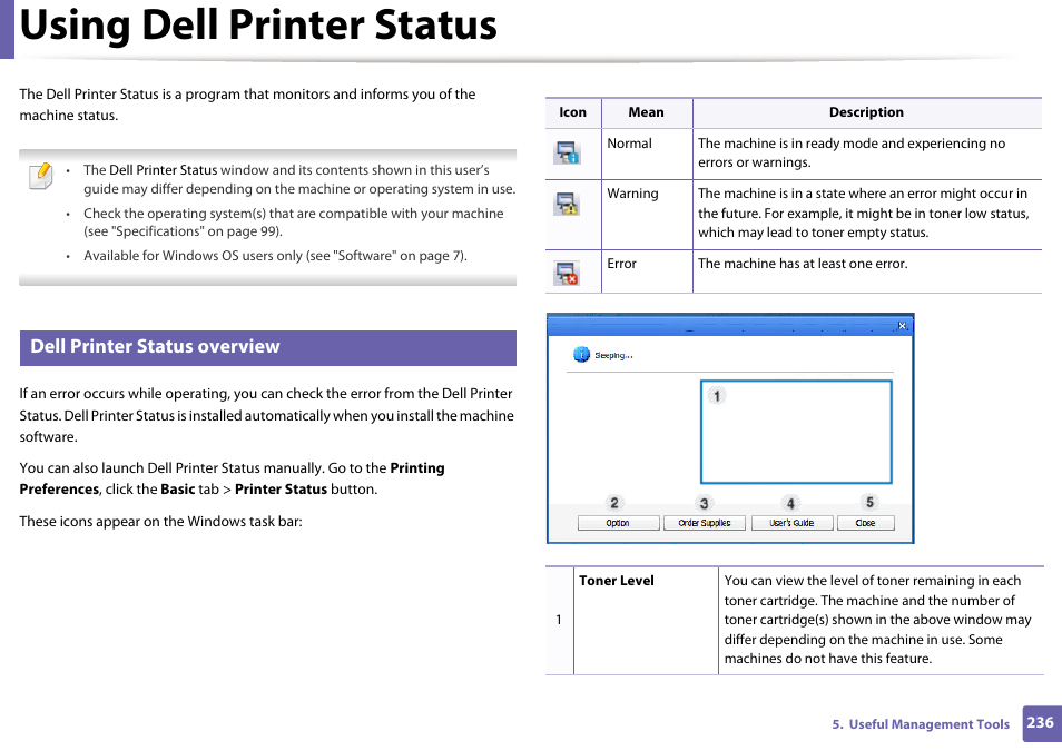 Using dell printer status, Dell printer status overview | Dell B1265dfw  Multifunction Mono Laser Printer User Manual | Page 236 / 284