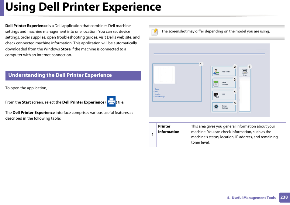 Using dell printer experience, Understanding the dell printer experience | Dell B1265dfw  Multifunction Mono Laser Printer User Manual | Page 238 / 284