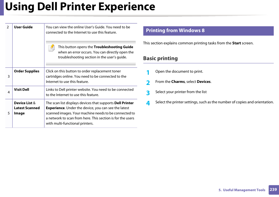 Using dell printer experience, Basic printing, Printing from windows 8 | Dell B1265dfw  Multifunction Mono Laser Printer User Manual | Page 239 / 284