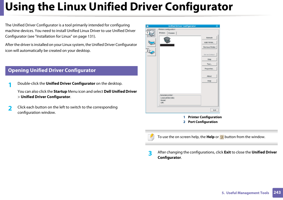 Using the linux unified driver configurator, Opening unified driver configurator | Dell B1265dfw  Multifunction Mono Laser Printer User Manual | Page 243 / 284