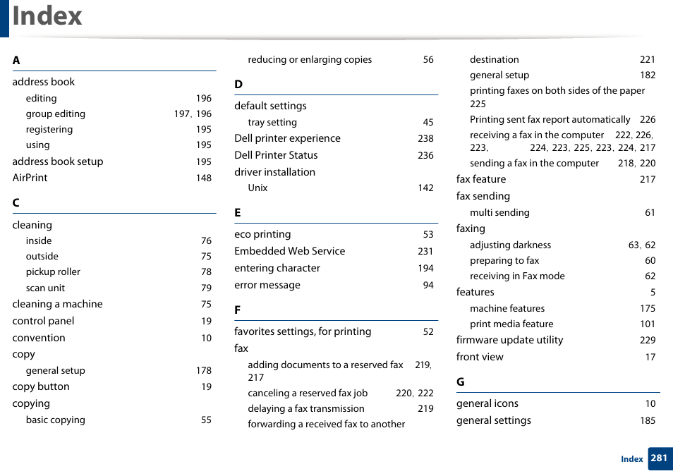 Index | Dell B1265dfw  Multifunction Mono Laser Printer User Manual | Page 281 / 284