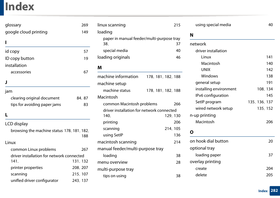 Index | Dell B1265dfw  Multifunction Mono Laser Printer User Manual | Page 282 / 284