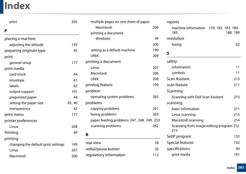 Index | Dell B1265dfw  Multifunction Mono Laser Printer User Manual | Page 283 / 284