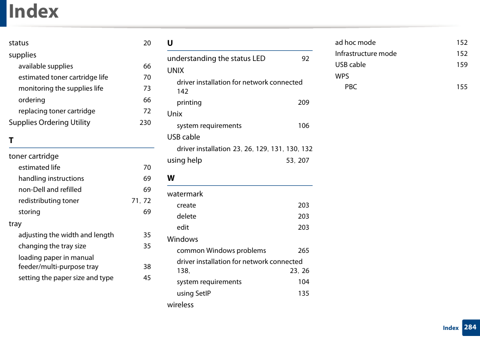 Index | Dell B1265dfw  Multifunction Mono Laser Printer User Manual | Page 284 / 284