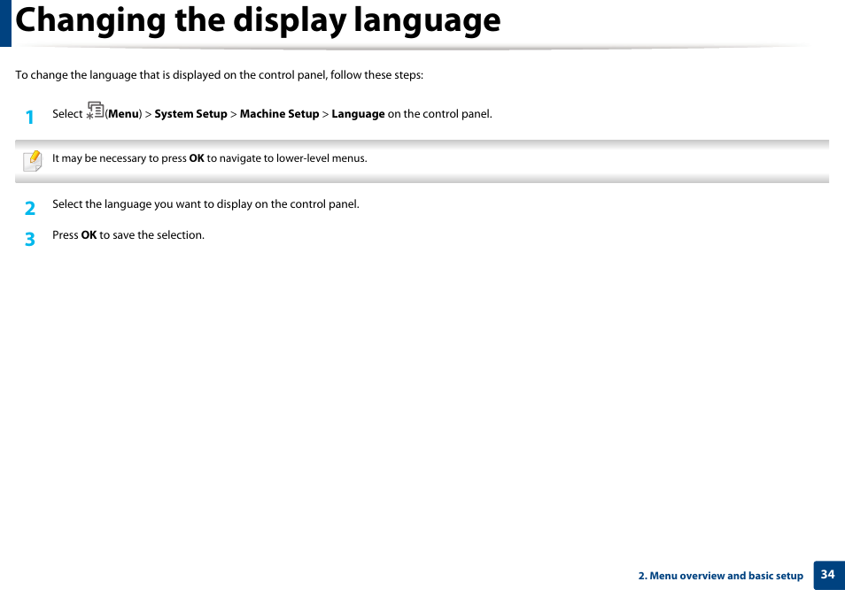 Changing the display language | Dell B1265dfw  Multifunction Mono Laser Printer User Manual | Page 34 / 284