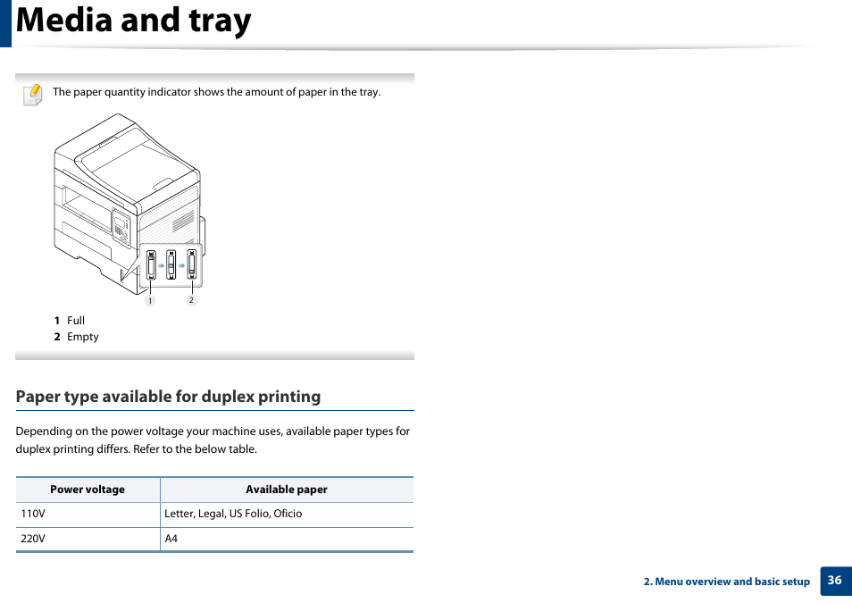 Media and tray, Paper type available for duplex printing | Dell B1265dfw  Multifunction Mono Laser Printer User Manual | Page 36 / 284