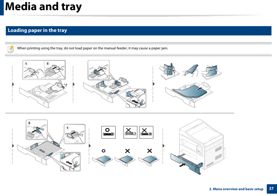 Media and tray, Loading paper in the tray | Dell B1265dfw  Multifunction Mono Laser Printer User Manual | Page 37 / 284