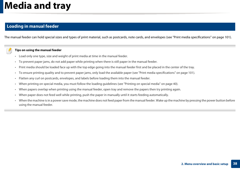 Media and tray, Loading in manual feeder | Dell B1265dfw  Multifunction Mono Laser Printer User Manual | Page 38 / 284