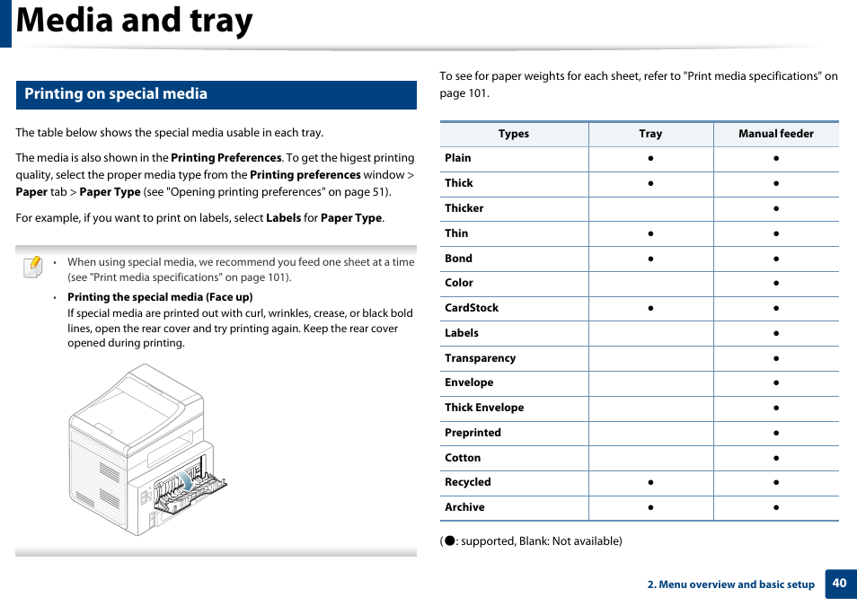Media and tray, Printing on special media | Dell B1265dfw  Multifunction Mono Laser Printer User Manual | Page 40 / 284