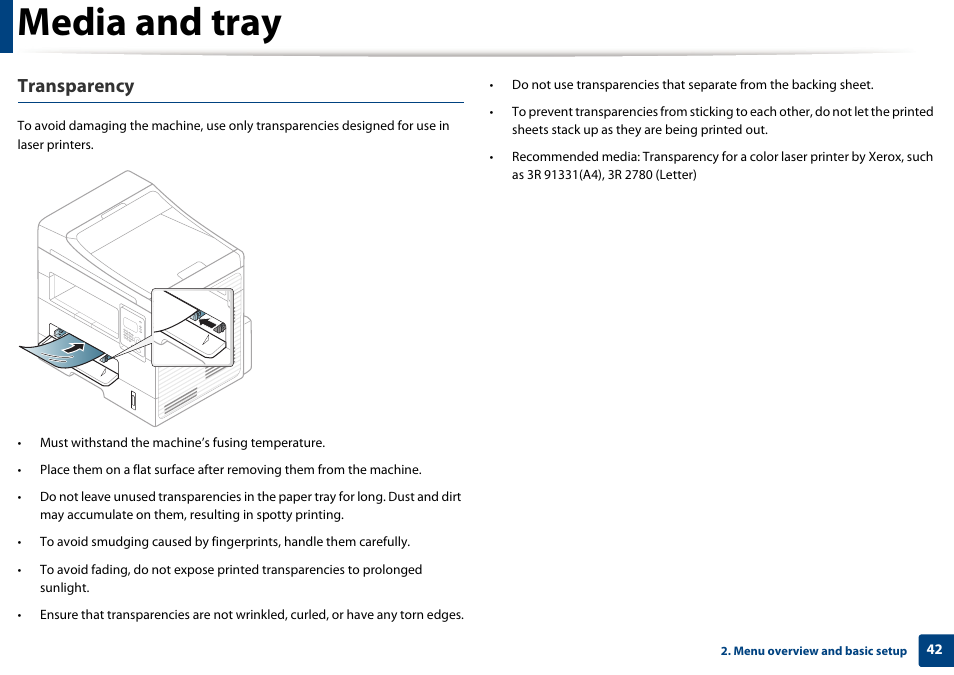 Media and tray, Transparency | Dell B1265dfw  Multifunction Mono Laser Printer User Manual | Page 42 / 284