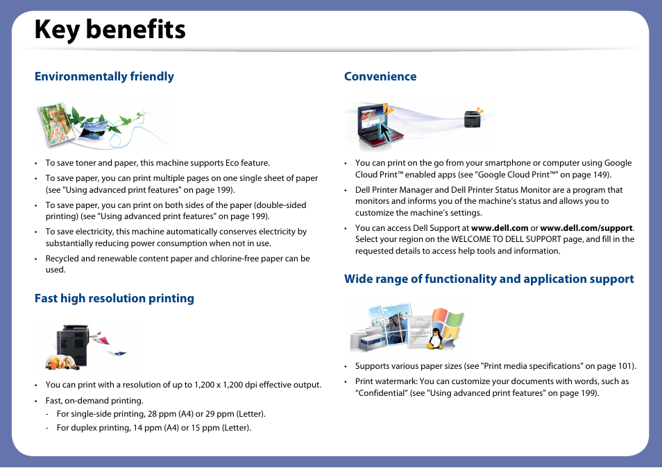 Key benefits, Environmentally friendly, Fast high resolution printing | Convenience | Dell B1265dfw  Multifunction Mono Laser Printer User Manual | Page 5 / 284