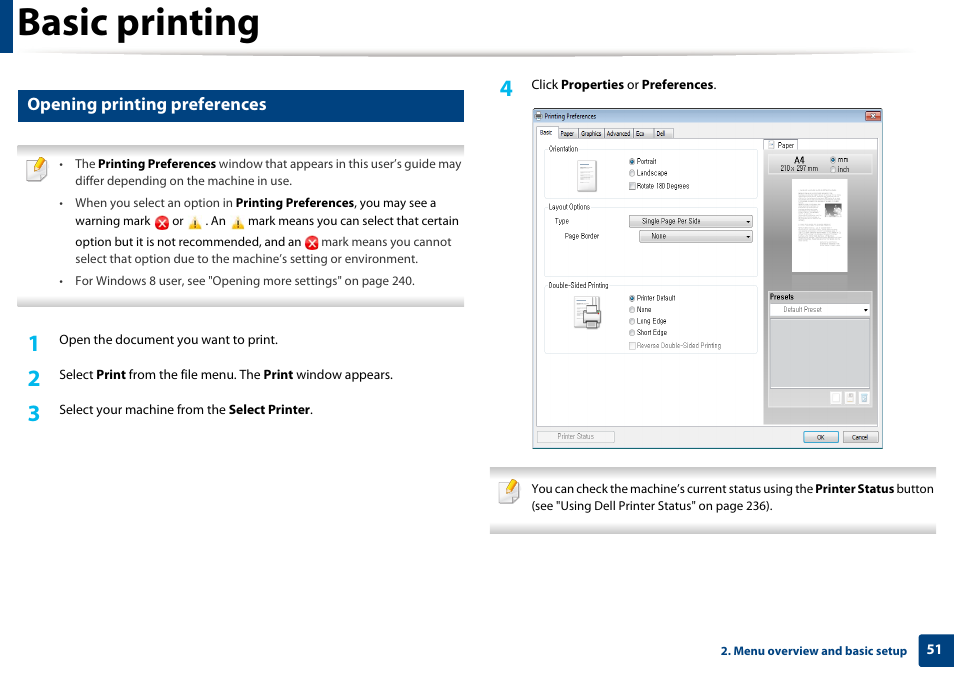 See "opening printing preferences" on, Basic printing, Opening printing preferences | Dell B1265dfw  Multifunction Mono Laser Printer User Manual | Page 51 / 284
