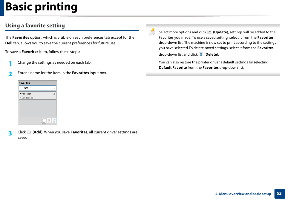 Basic printing, Using a favorite setting | Dell B1265dfw  Multifunction Mono Laser Printer User Manual | Page 52 / 284