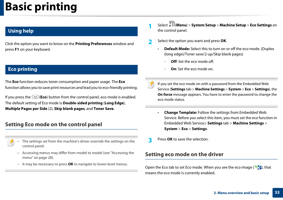 Basic printing, Setting eco mode on the control panel, Setting eco mode on the driver | Using help, Eco printing | Dell B1265dfw  Multifunction Mono Laser Printer User Manual | Page 53 / 284