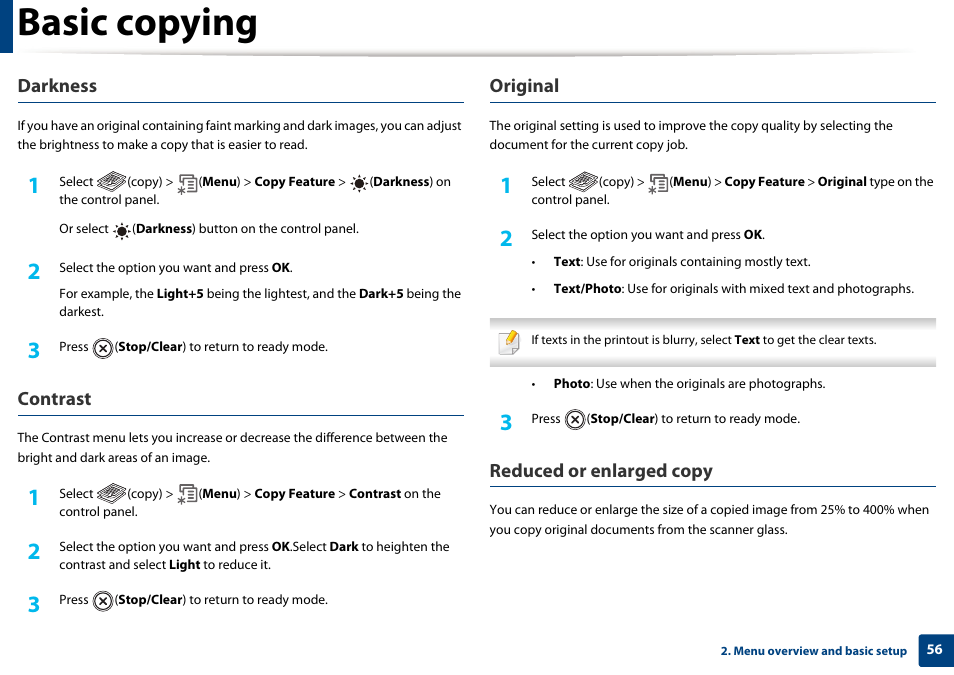 Basic copying, Darkness, Contrast | Original, Reduced or enlarged copy | Dell B1265dfw  Multifunction Mono Laser Printer User Manual | Page 56 / 284