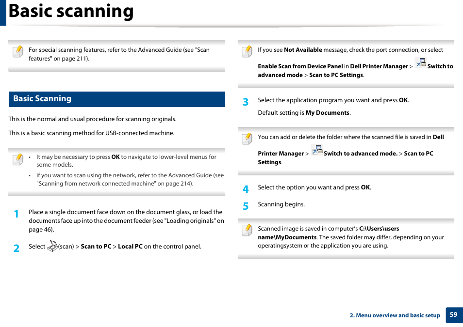 Basic scanning | Dell B1265dfw  Multifunction Mono Laser Printer User Manual | Page 59 / 284