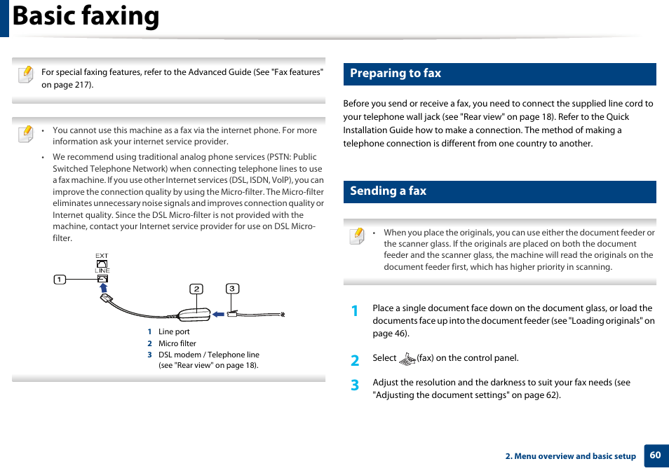 Basic faxing, Preparing to fax, Sending a fax | Dell B1265dfw  Multifunction Mono Laser Printer User Manual | Page 60 / 284