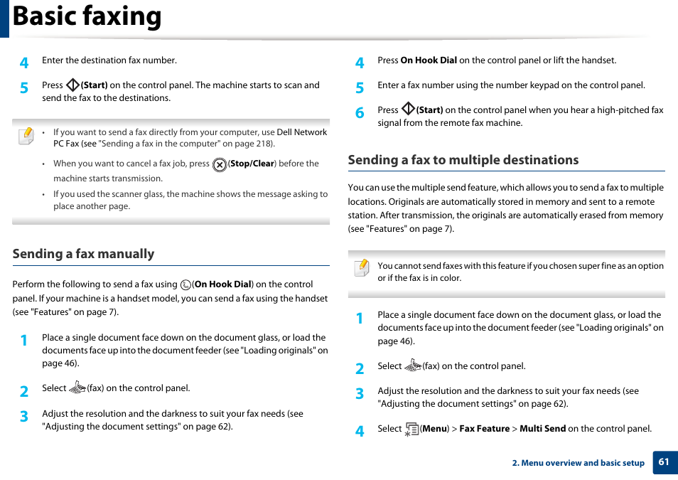 Basic faxing, Sending a fax manually, Sending a fax to multiple destinations | Dell B1265dfw  Multifunction Mono Laser Printer User Manual | Page 61 / 284
