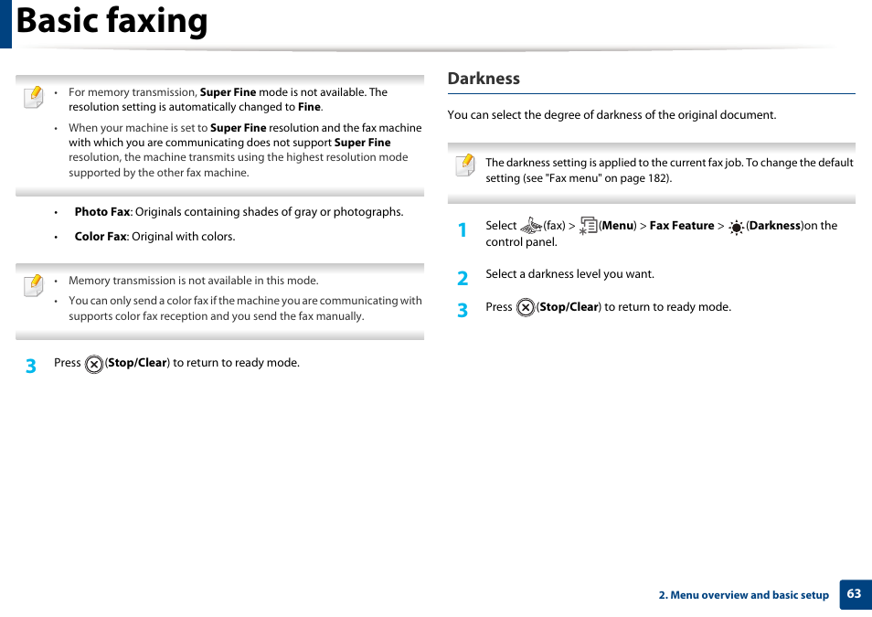 Basic faxing, Darkness | Dell B1265dfw  Multifunction Mono Laser Printer User Manual | Page 63 / 284