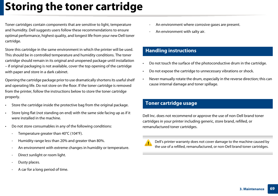 Storing the toner cartridge, Handling instructions, Toner cartridge usage | Dell B1265dfw  Multifunction Mono Laser Printer User Manual | Page 69 / 284