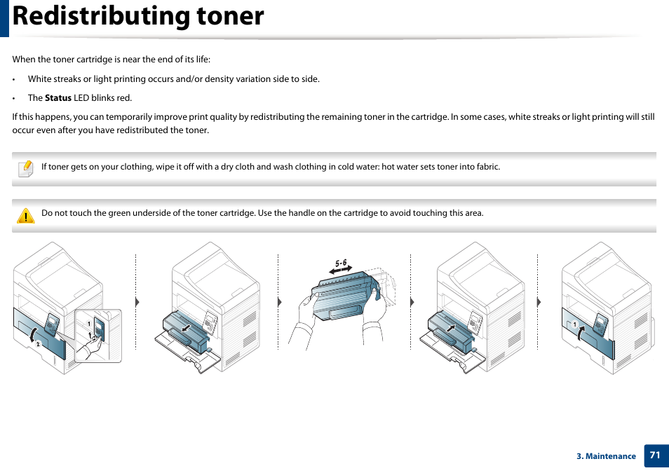 Redistributing toner | Dell B1265dfw  Multifunction Mono Laser Printer User Manual | Page 71 / 284