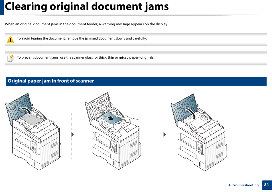 Clearing original document jams, Original paper jam in front of scanner | Dell B1265dfw  Multifunction Mono Laser Printer User Manual | Page 84 / 284