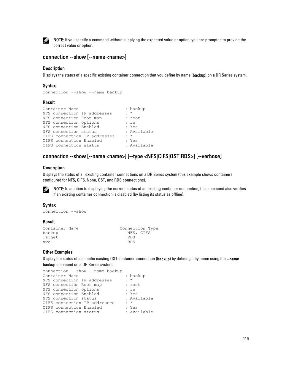 Connection --show [--name <name | Dell PowerVault DR2000v User Manual | Page 119 / 150