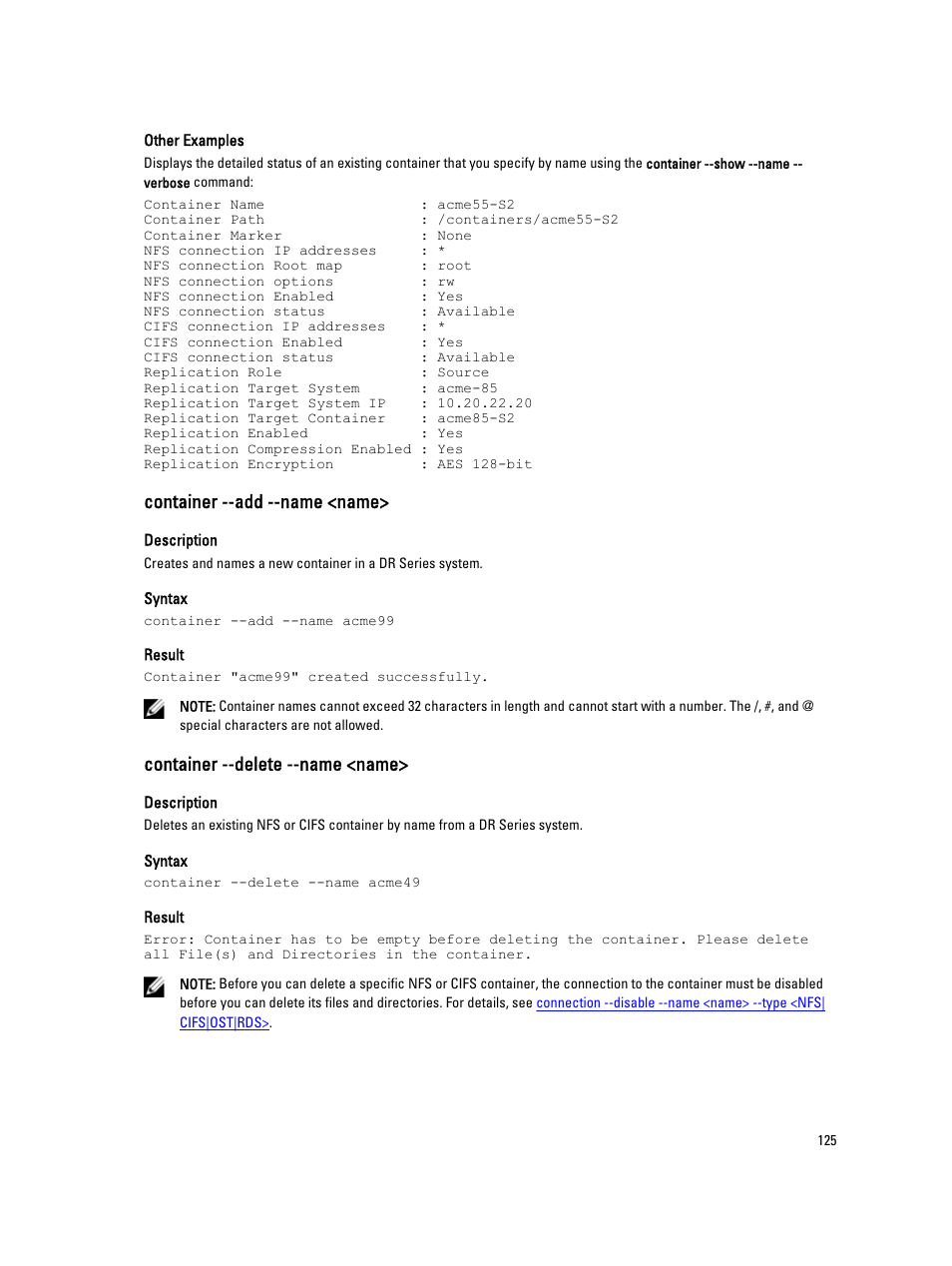 Container --add --name <name, Container --delete --name <name | Dell PowerVault DR2000v User Manual | Page 125 / 150