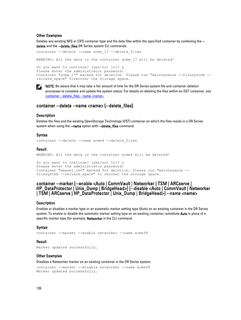 Container --delete --name <name> [--delete_files | Dell PowerVault DR2000v User Manual | Page 126 / 150