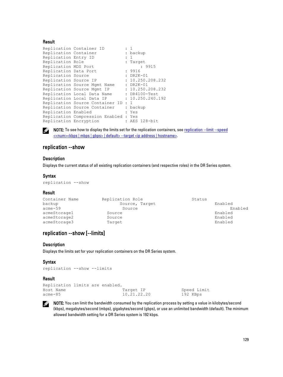 Replication --show, Replication --show [--limits | Dell PowerVault DR2000v User Manual | Page 129 / 150