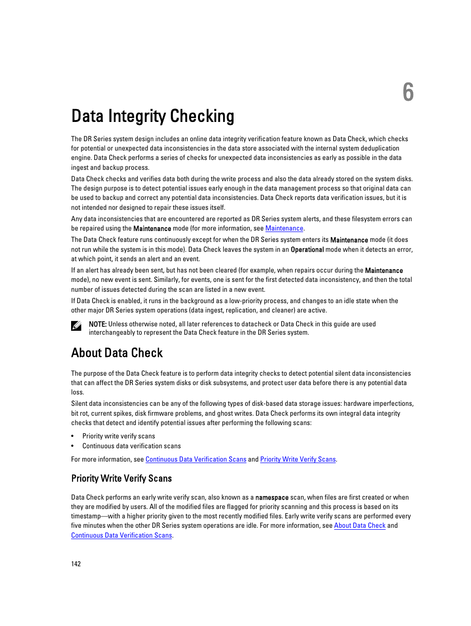 Data integrity checking, About data check, Priority write verify scans | 6 data integrity checking | Dell PowerVault DR2000v User Manual | Page 142 / 150