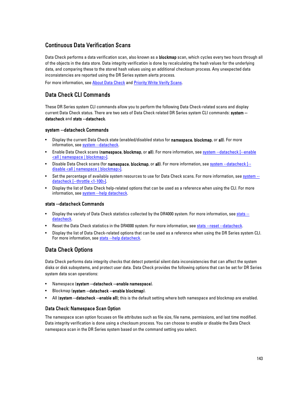 Continuous data verification scans, Data check cli commands, Data check options | Dell PowerVault DR2000v User Manual | Page 143 / 150