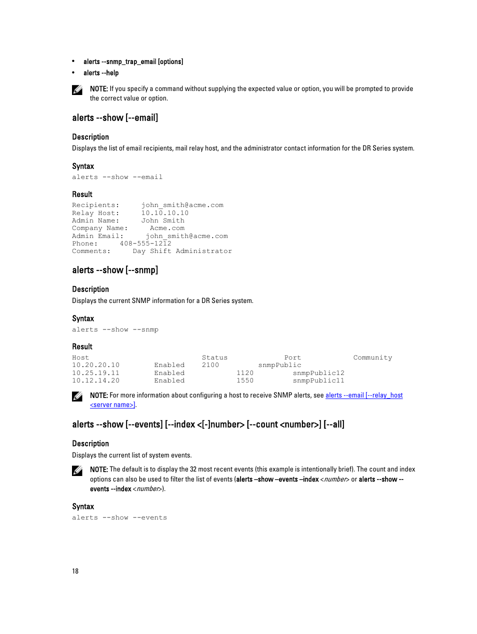 Alerts --show [--email, Alerts --show [--snmp | Dell PowerVault DR2000v User Manual | Page 18 / 150