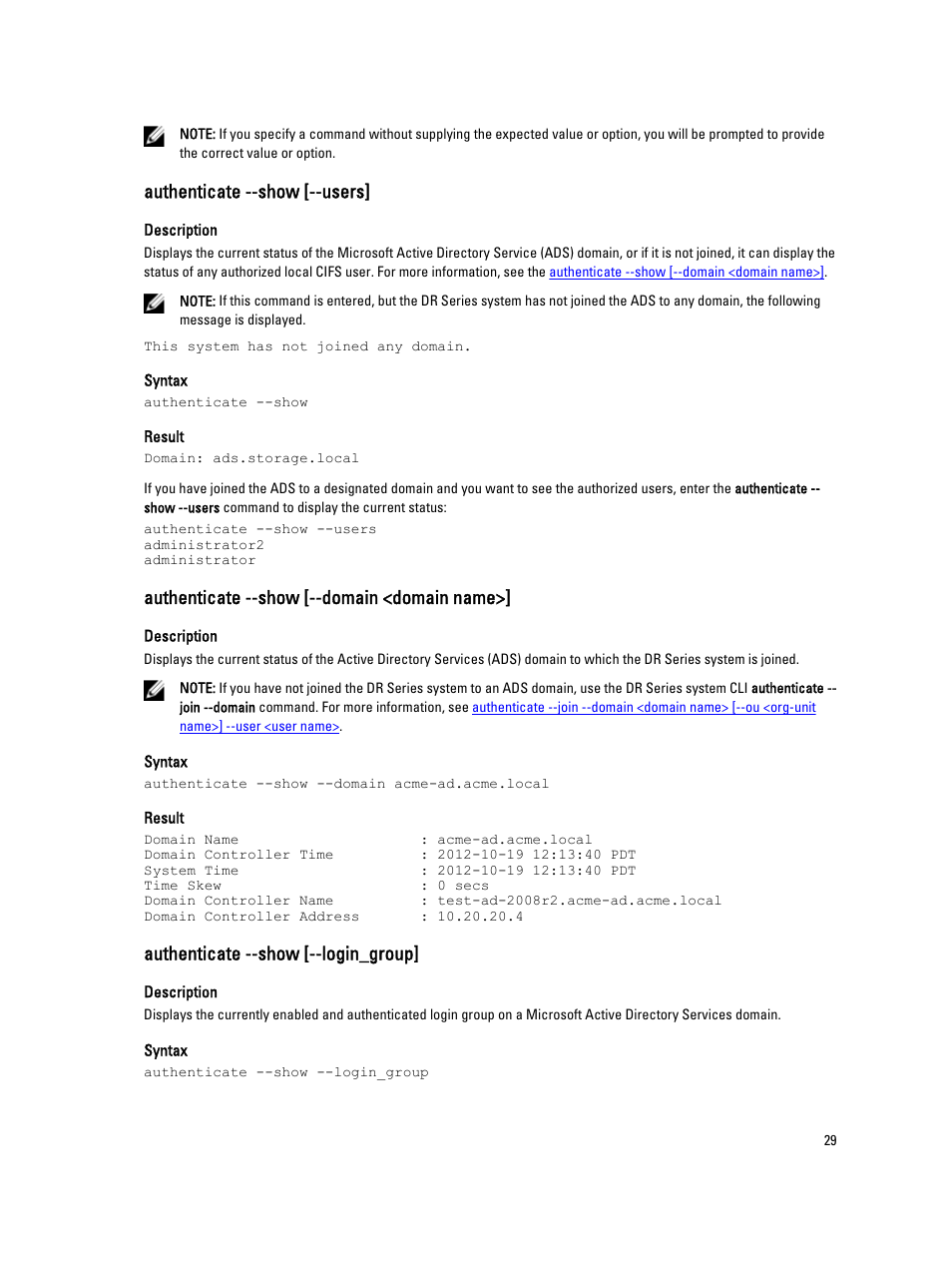Authenticate --show [--users, Authenticate --show [--domain <domain name, Authenticate --show [--login_group | Dell PowerVault DR2000v User Manual | Page 29 / 150