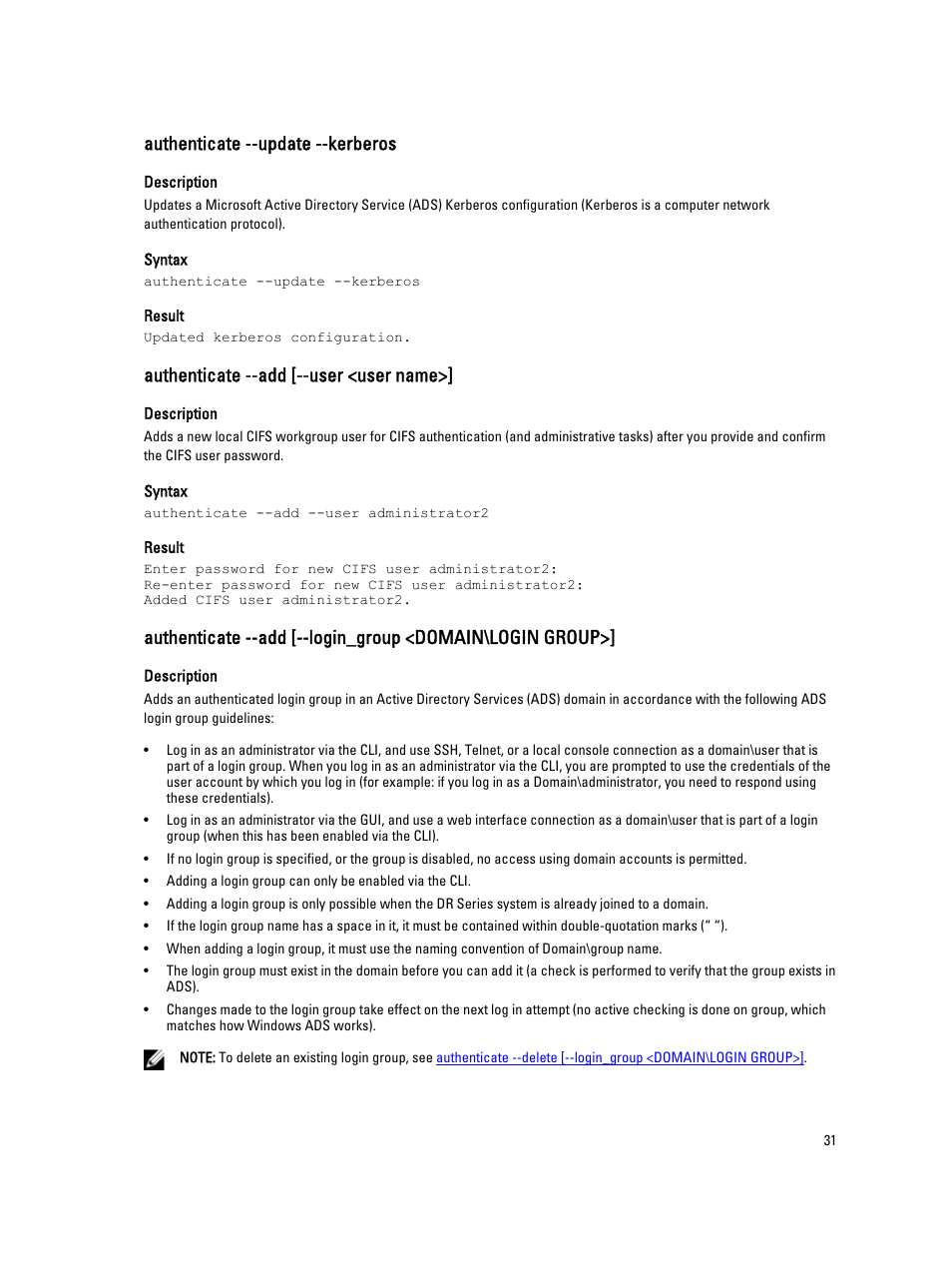 Authenticate --update --kerberos, Authenticate --add [--user <user name | Dell PowerVault DR2000v User Manual | Page 31 / 150