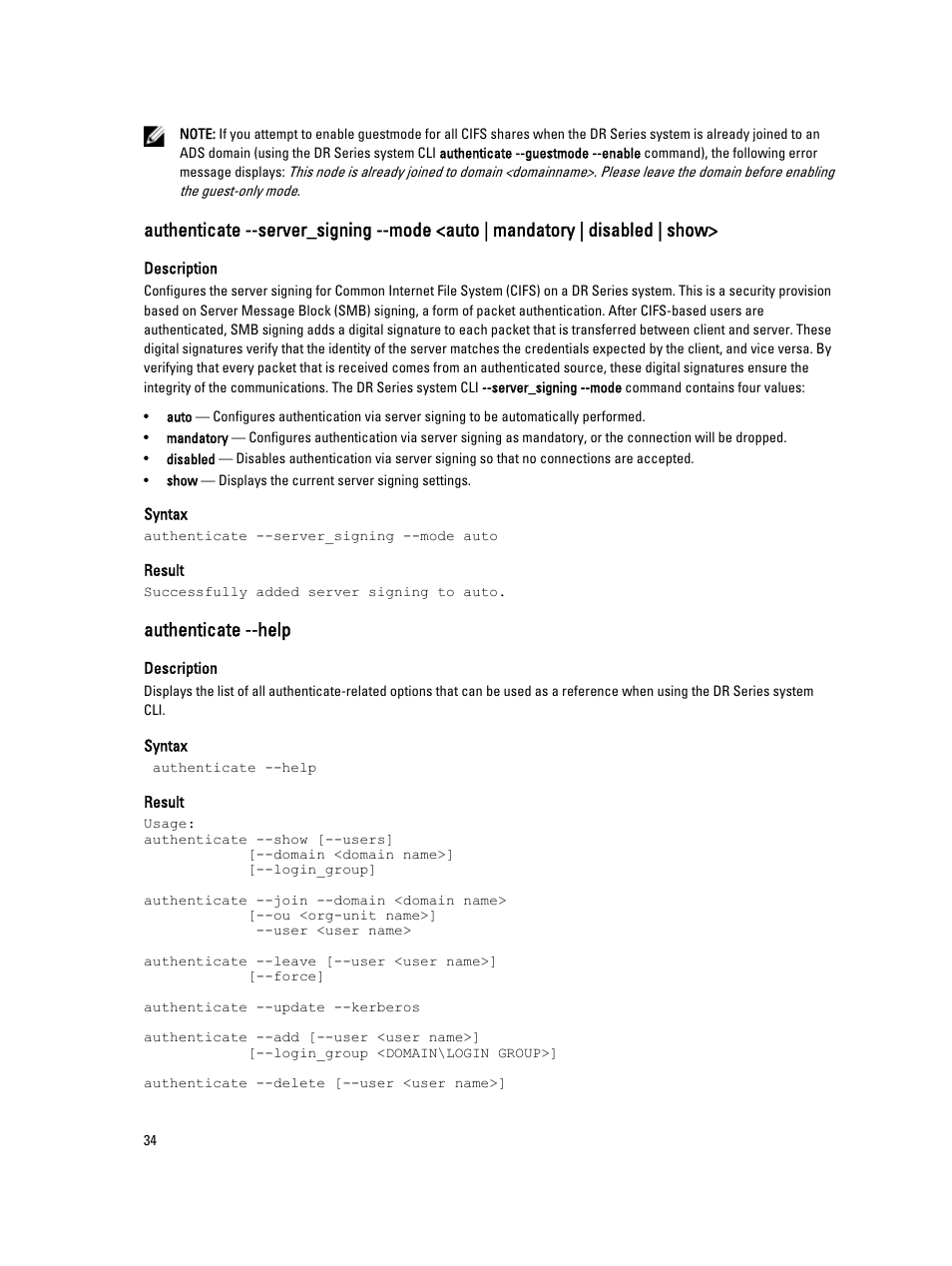 Authenticate --help | Dell PowerVault DR2000v User Manual | Page 34 / 150