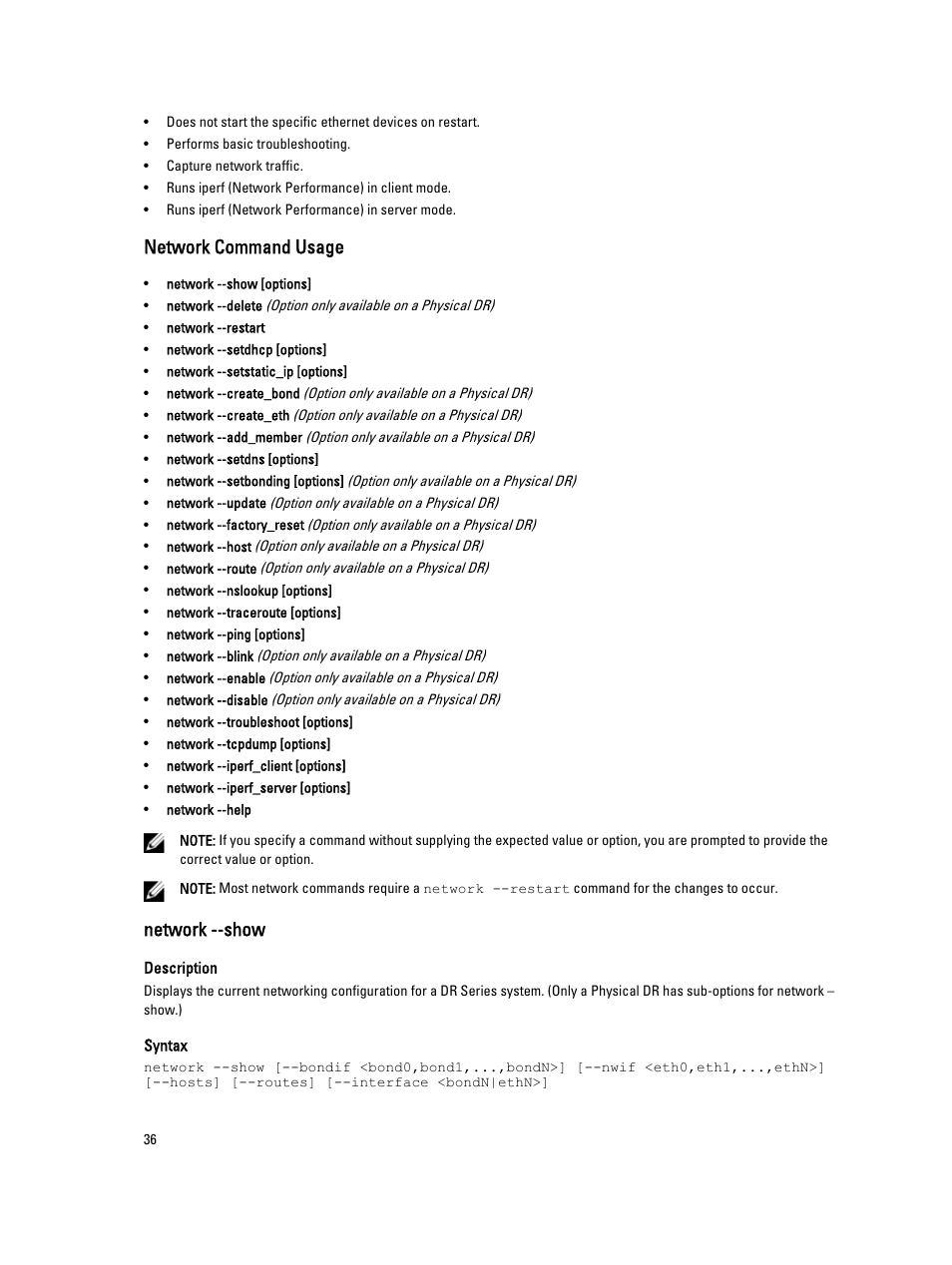 Network command usage, Network --show | Dell PowerVault DR2000v User Manual | Page 36 / 150