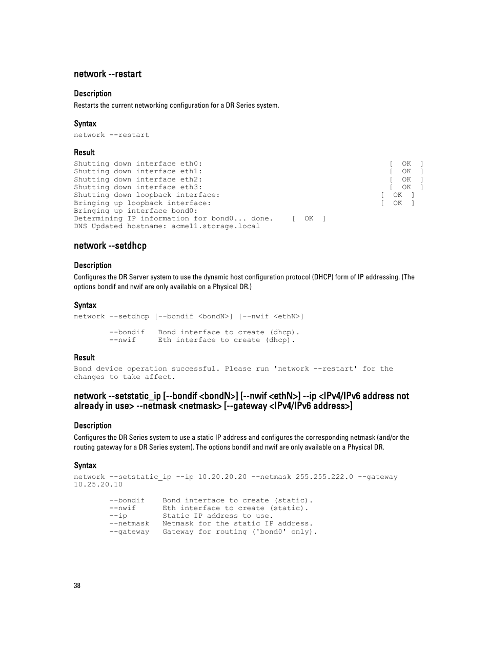 Network --restart, Network --setdhcp | Dell PowerVault DR2000v User Manual | Page 38 / 150