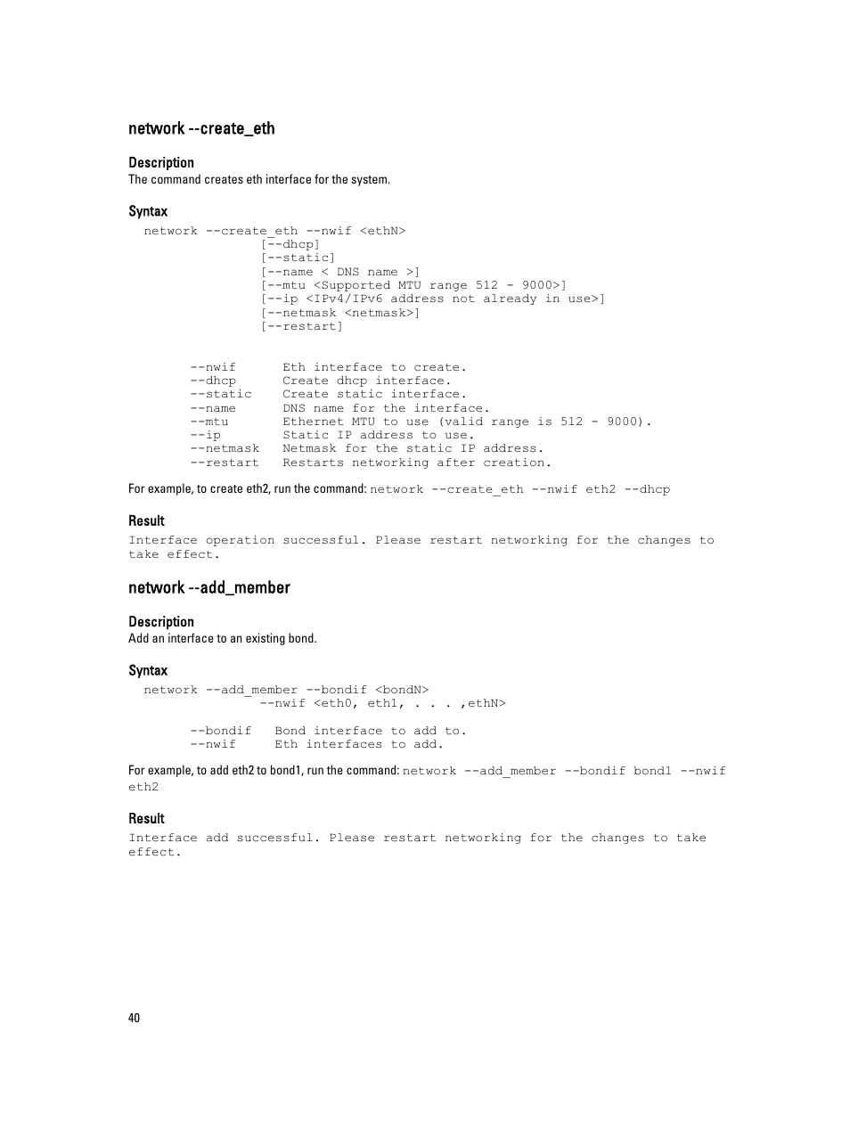 Network --create_eth, Network --add_member | Dell PowerVault DR2000v User Manual | Page 40 / 150