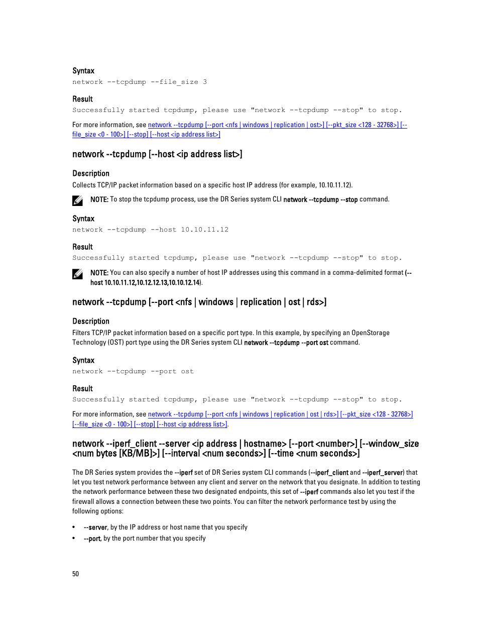 Network --tcpdump [--host <ip address list | Dell PowerVault DR2000v User Manual | Page 50 / 150