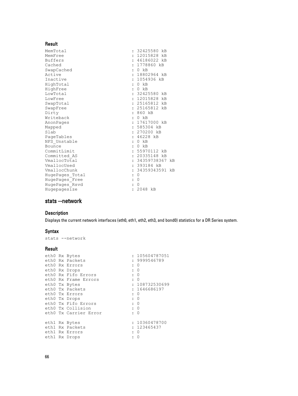 Stats --network | Dell PowerVault DR2000v User Manual | Page 66 / 150