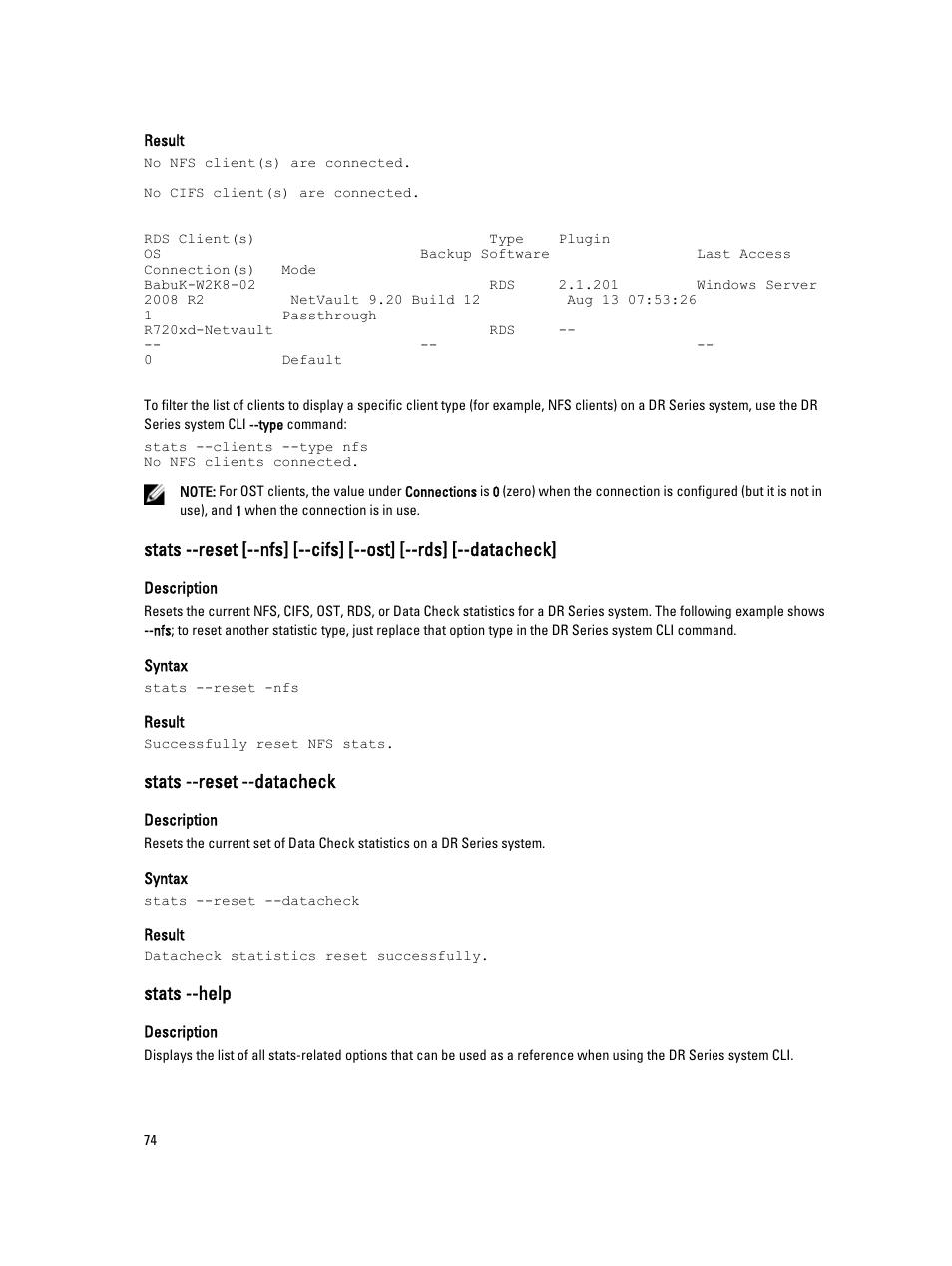 Stats --reset --datacheck, Stats --help | Dell PowerVault DR2000v User Manual | Page 74 / 150