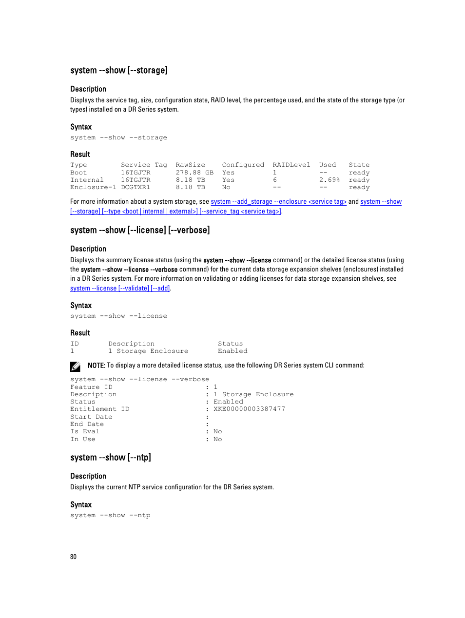 System --show [--storage, System --show [--license] [--verbose, System --show [--ntp | Dell PowerVault DR2000v User Manual | Page 80 / 150