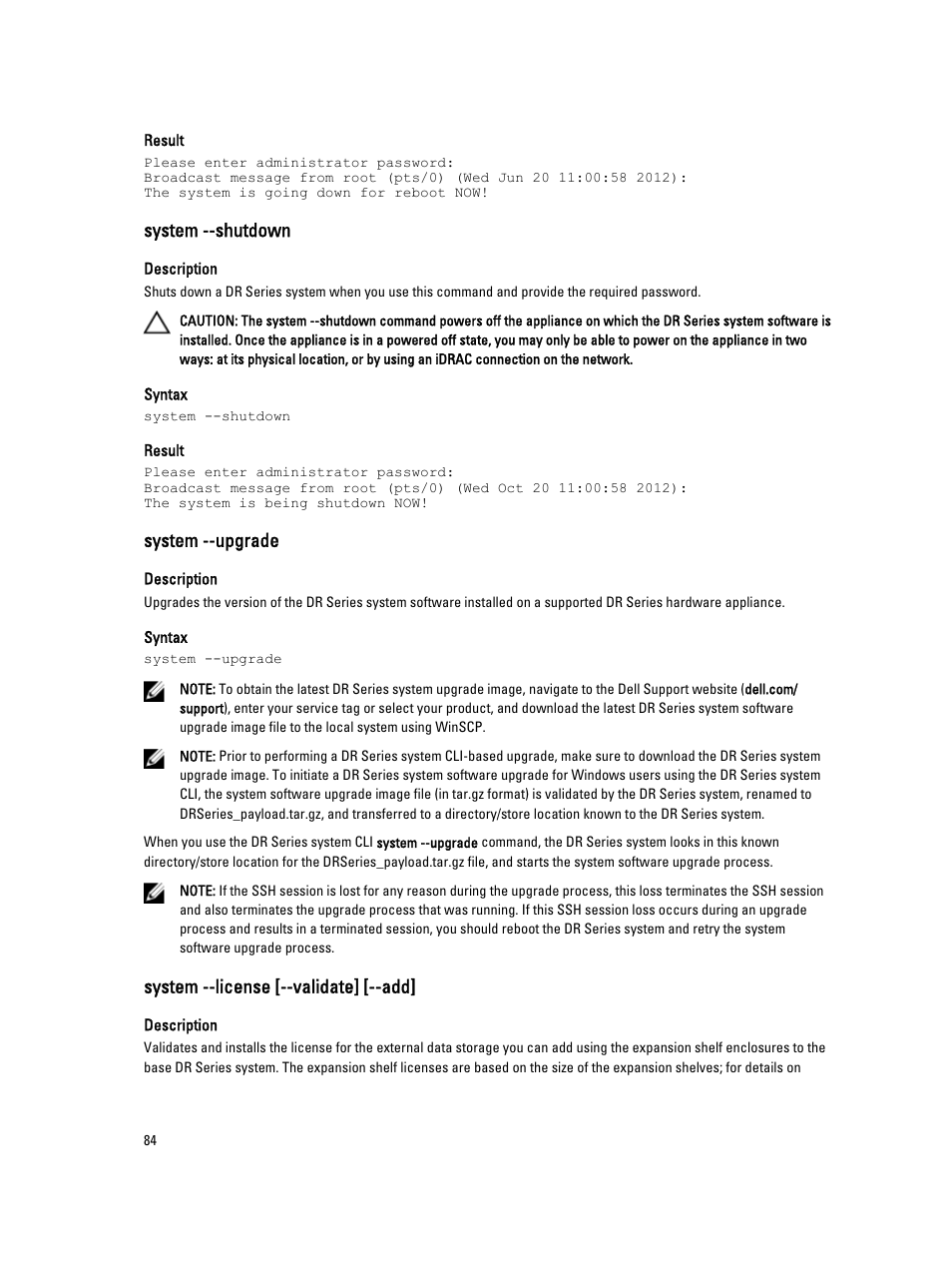 System --shutdown, System --upgrade, System --license [--validate] [--add | Dell PowerVault DR2000v User Manual | Page 84 / 150