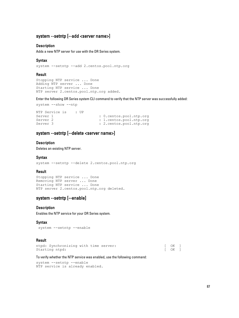 System --setntp [--add <server name, System --setntp [--delete <server name, System --setntp [--enable | Dell PowerVault DR2000v User Manual | Page 87 / 150
