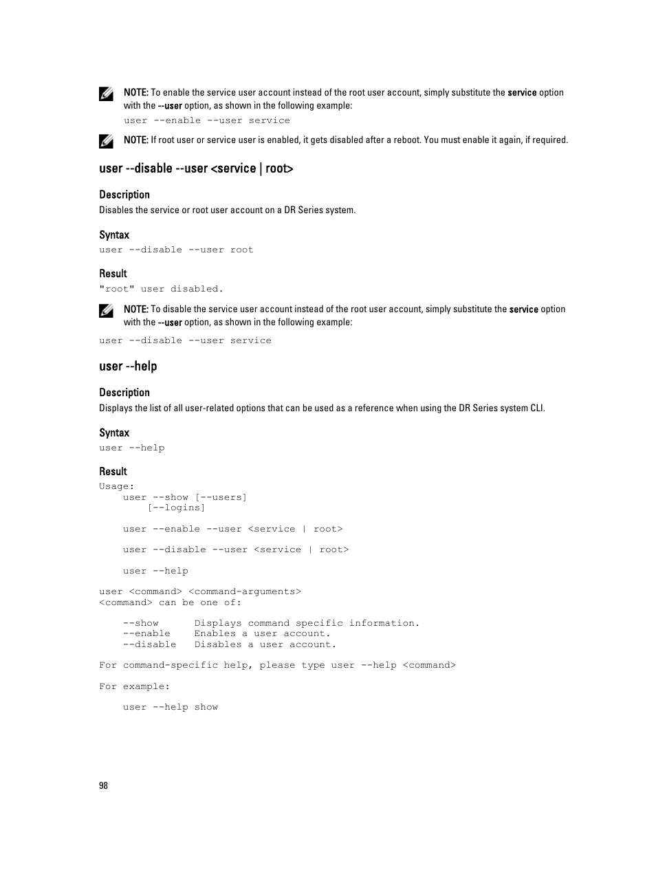 User --disable --user <service | root, User --help | Dell PowerVault DR2000v User Manual | Page 98 / 150