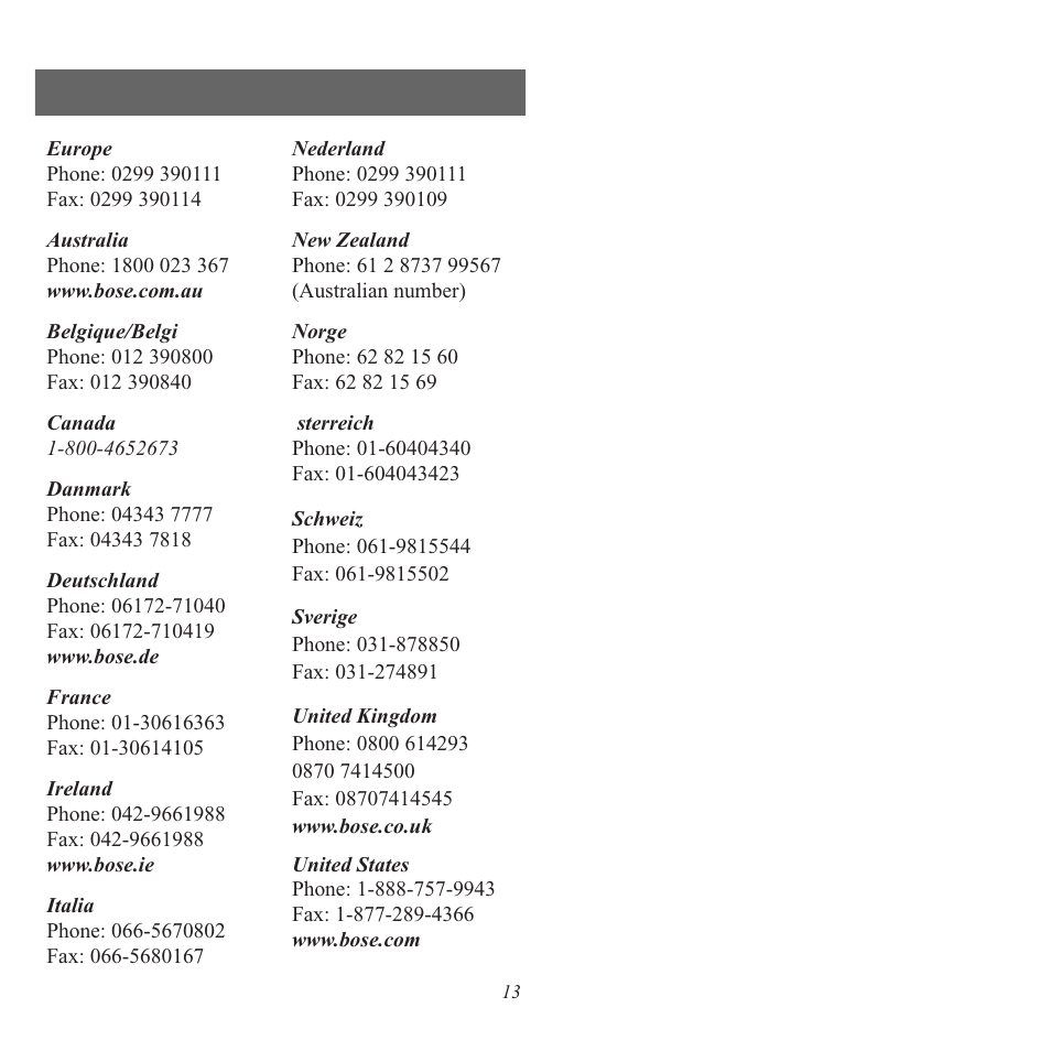 Addresses | Bose PM-1 User Manual | Page 13 / 14